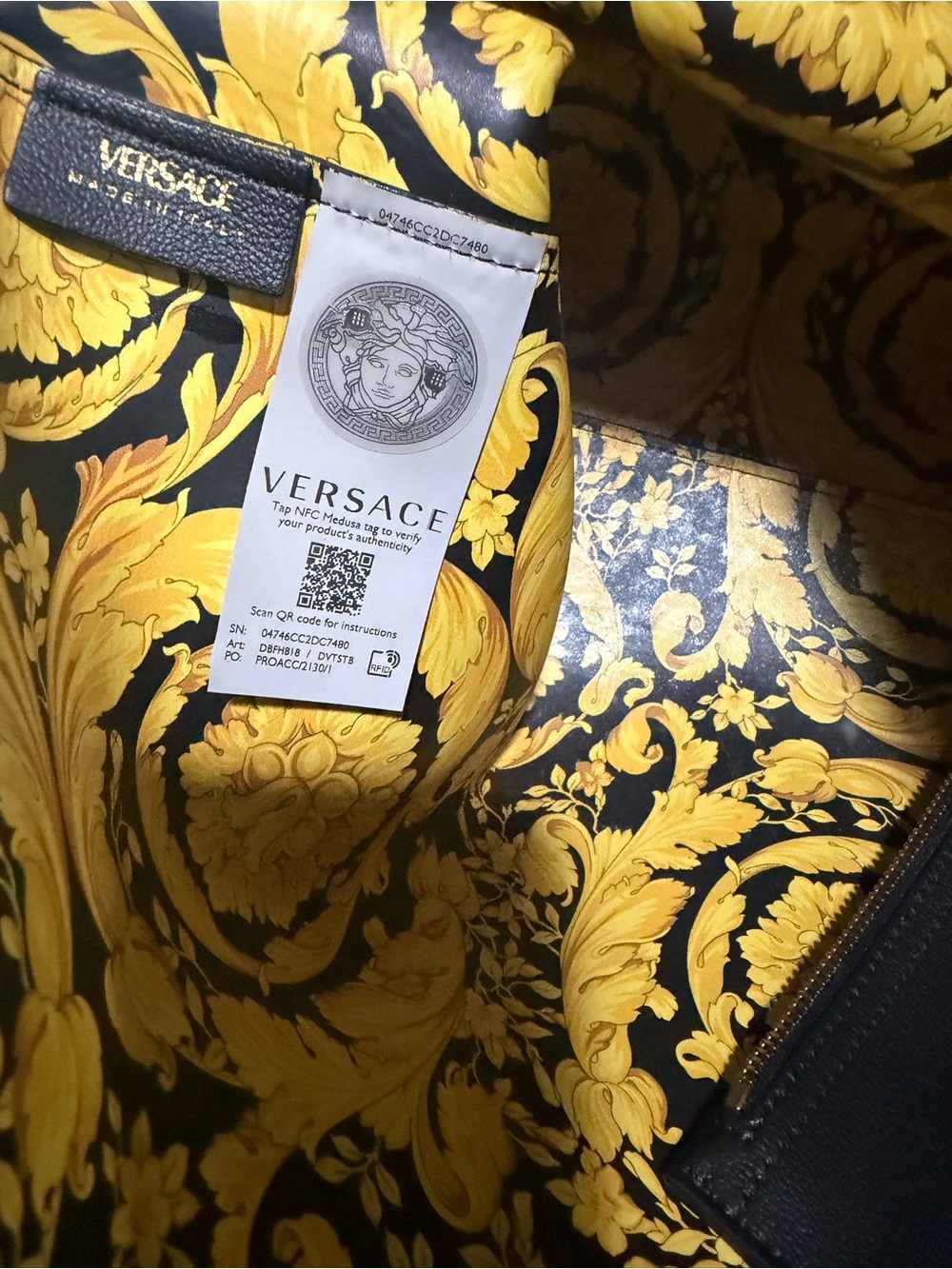 Versace Black Leather Tote Bag with Signature Yellow Print Lining - Picture 4 of 5